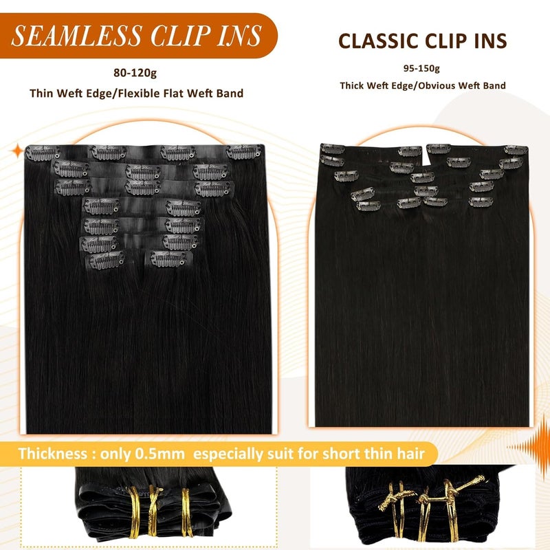 Full Shine Black Human Hair Extensions Seamless Clip in Hair Extension 22 Inch Natural Human Hair Clip in Extensions Black Real Hair for Women Thick End 8 PCS 120 G - Image 4